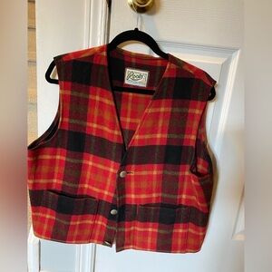Roots melton wool vest, large, plaid, nickel buttons, excellent used condition